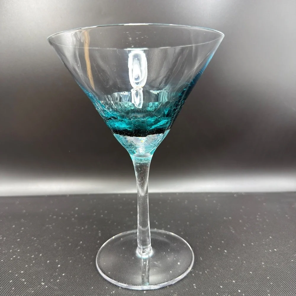 Pier 1 Teal Blue Crackle Glass Martini Glasses Cocktail Stemware‎ Cups Set of 2